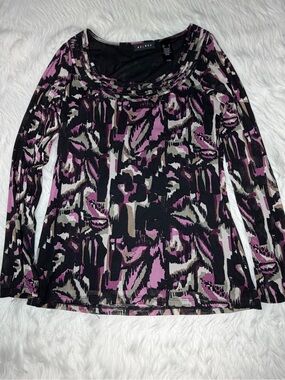 Axcess Abstract Print Top Size S Purple Black Long Sleeve Boat Neck
